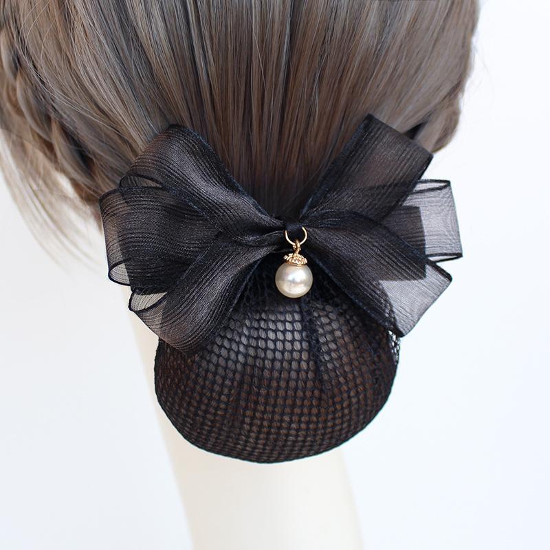 Vocational Nurse Head Flower Mesh Pocket Hairpin Silk Yarn Pearl Pendant Bow Stewardess Bank Disc Hair