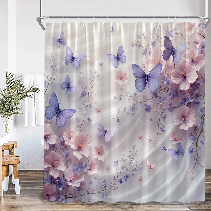 Floral Butterfly Shower Curtains Vintage Paris Tower Butterflies Watercolour Pink Purple Flowers Bath Curtain Bathroom Decor Set