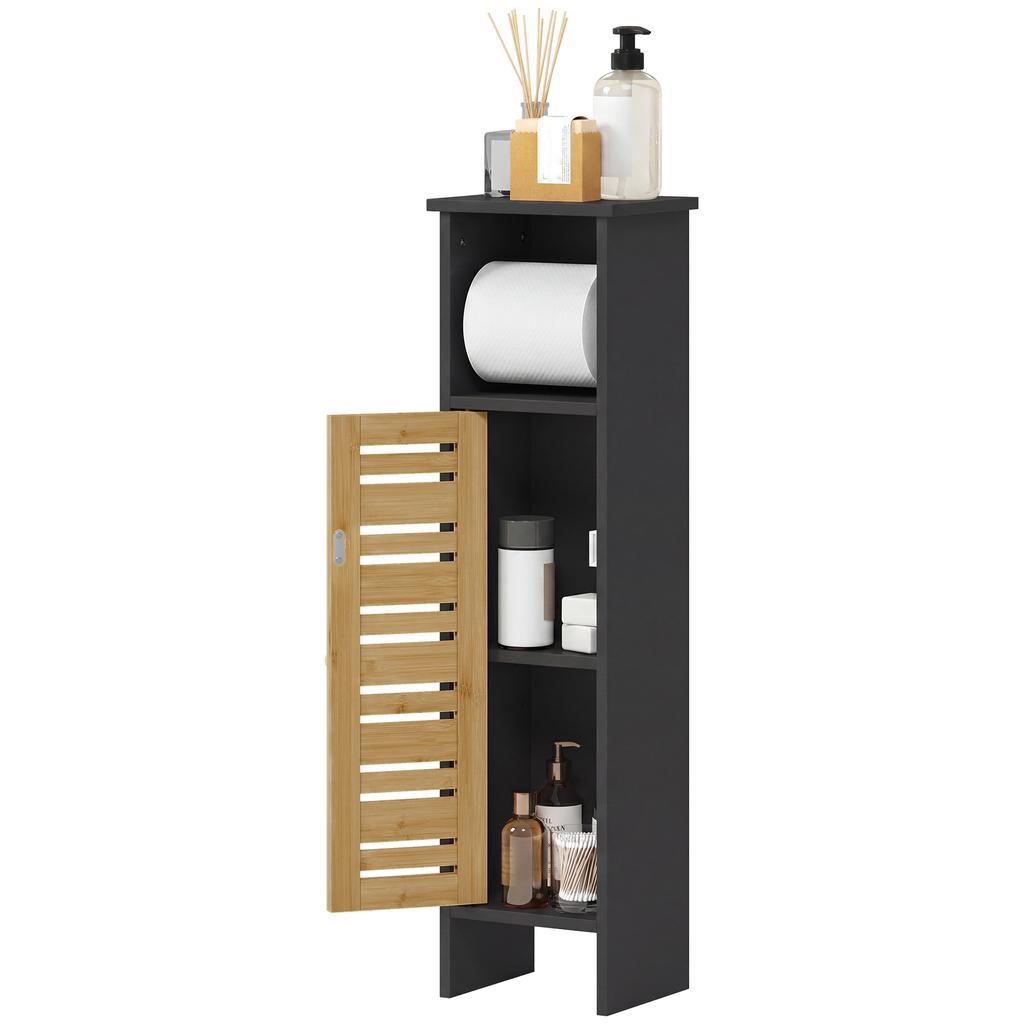 Bathroom Cabinet with Toilet Paper Holder, Removable Bar, 3 Tiers + Dispenser, 78 cm, Black Bamboo