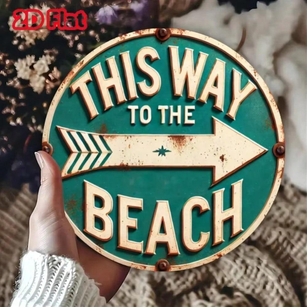 Vintage Beach Iron Sign Round Metal Wall Art Home Decor