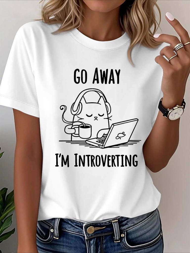 Women's White T - Shirt with "Go Away I'm Introverting" Cat Graphic Casual Loose Fit Short Slee