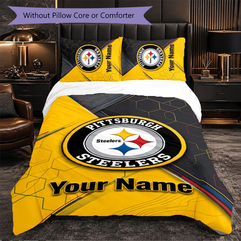 Pittsburgh Steelers Customized Name Text Bedding Set, 1 Duvet Cover & 2 Pillowcases Personalized Bedroom Gift
