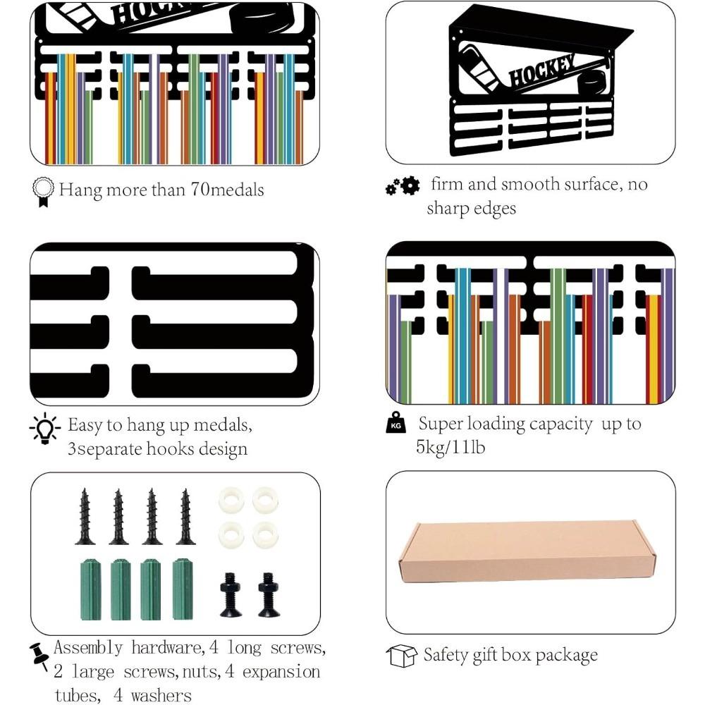 Support de Médailles de Hockey Robuste avec 12 Crochets Étagère Murale pour Tropshees Affichage pour 60+ Récompenses Porte-Médailles de Sport Noir 15,7x8x4 Pouces