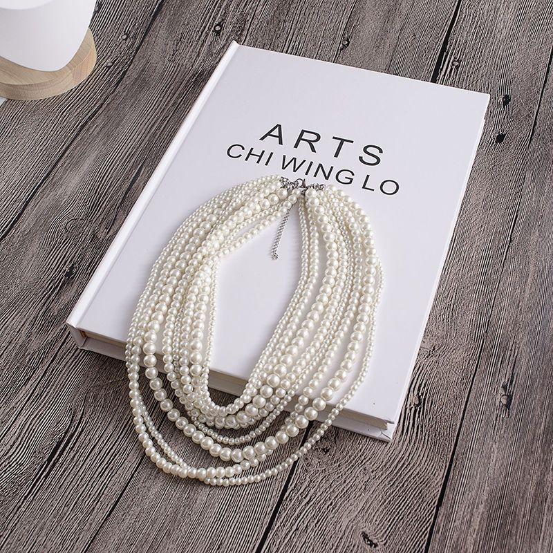 Fashion Exaggerated Eight-layer Imitation Pearl Necklace French Multi-layer Stacked Collarbone Chain Retro Versatile Round Bead Chain Jewelry Women
