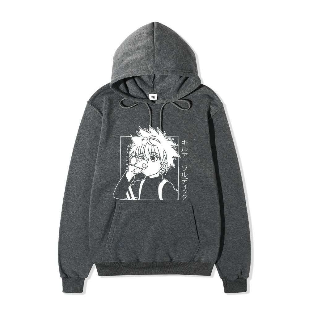 Hunter X Hunter Killua Drink Line Art Hoodie Japanese Text Black Anime Casual Hooded Pullover Sweatshirt