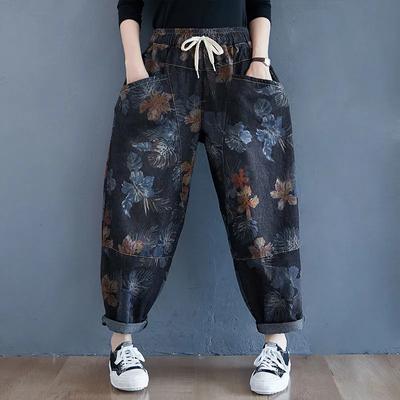 Dammode vår och höst lösa retro tryckta jeans elastisk midja lapptäcks casual morotsbyxor