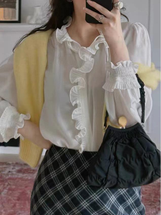 2025 Sweet French Retro Ruffled Long Sleeve Acetate Shirt