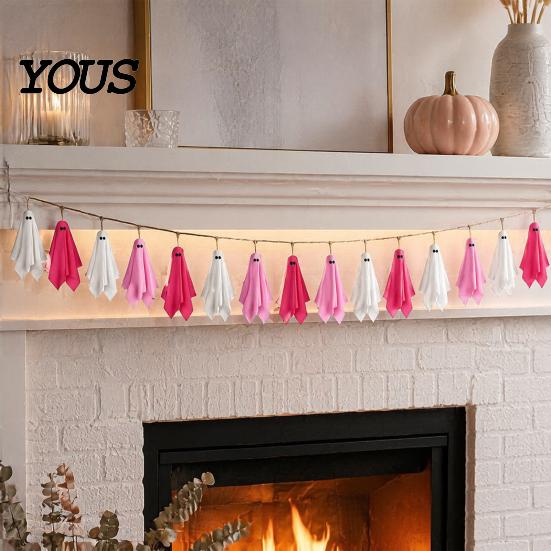 Halloween Party Background Decor Ghost Hanging Decor, Pastel Pink White Soft Girly Room Fabric Ornaments, Cute Spooky Home Three Color Garland