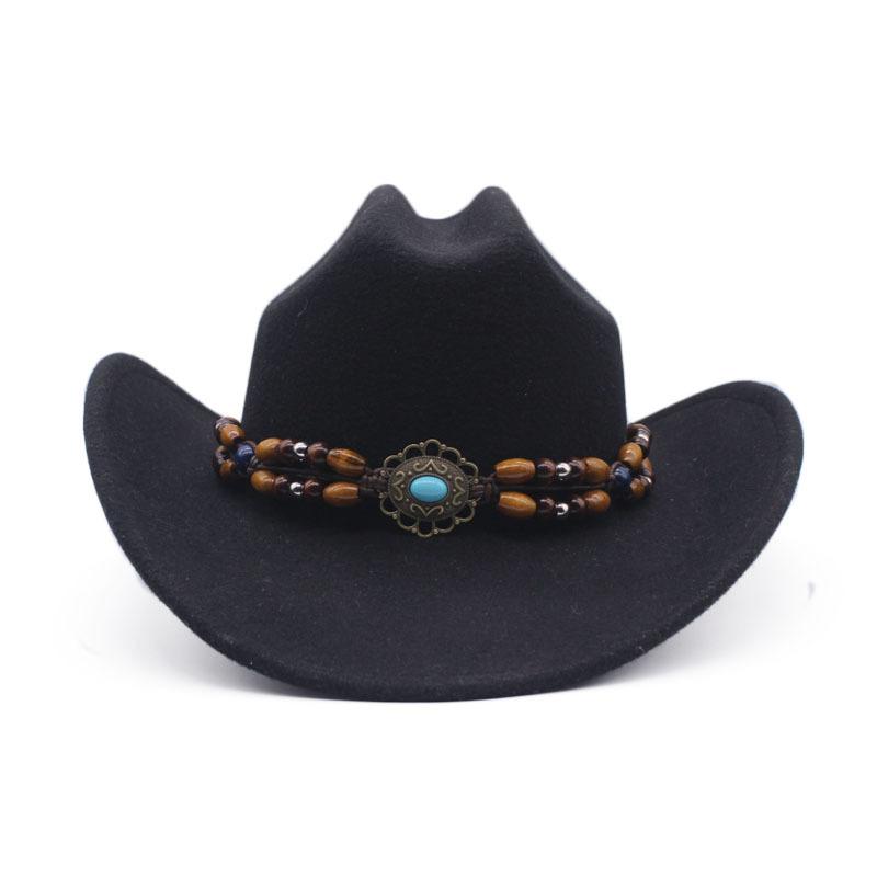 European, American Autumn and Winter Versatile Fashion Woolen Top Hat Men and Women Bead Accessories Top Hat Black Western Cowboy Hat