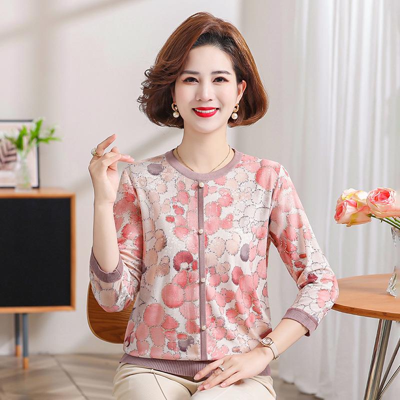 

Spring/Summer Ice Silk Loose Mid-Sleeve T-Shirt for Middle-Aged and Elderly Women L (80-100 jin) рожевий