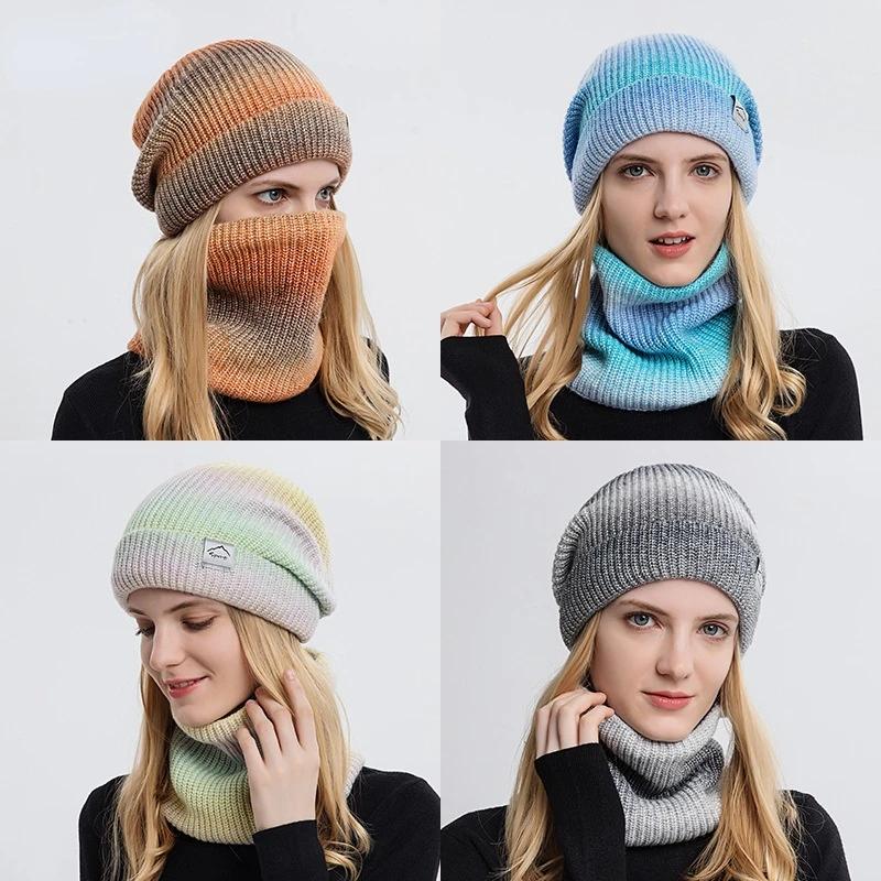 Winter Damen Mützen Schal Sets Farbverlauf Gestrickte Mütze Wärmer Mode Outdoor Winddicht Verdicken Batik Schal Mütze Für Damen LS