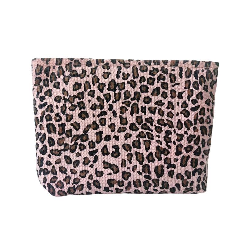 Leopard Print Corduroy Cosmetic & Toiletry Bag - Large Capacity Portable Clutch 26x18.5 cm