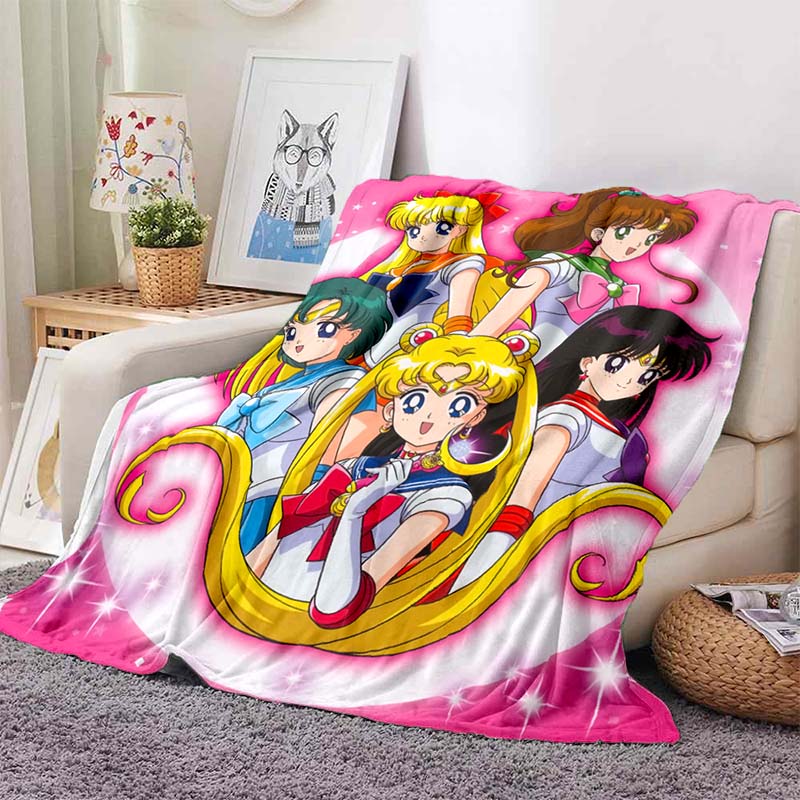 HD S-Sailor M-Moon Flannel Throw Blanket 3D Cartoon Print Soft Warm Lightweight Sofa Bed Cover Girls Bedroom Travel Decor Gift
