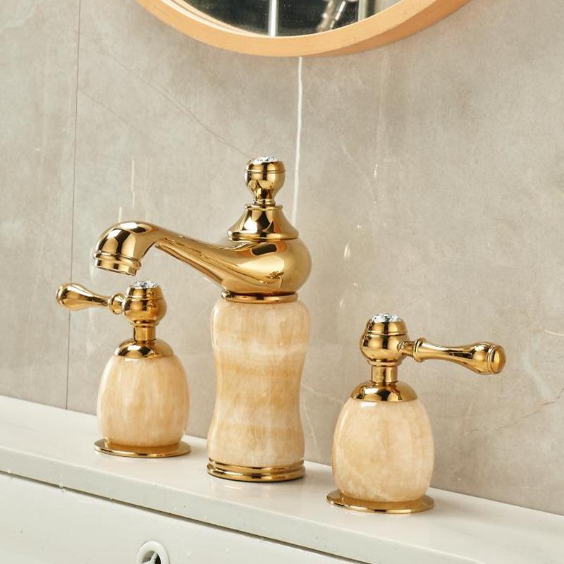 Basin Faucet Gold Brass Jade Bathroom Sink Faucet 3 Hole Widespread Basin Mixer Double Handle Hot And Cold Water Tap New Arrival