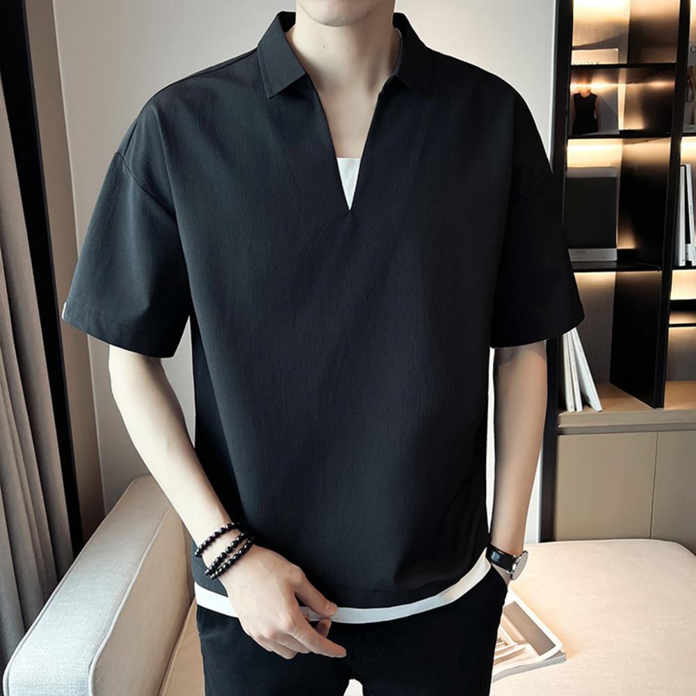 Sommer Herrenhemd V-Ausschnitt Revers Einfarbig Fake Zweiteiler Eisseide Kurze Ärmel Lockerer Pullover Dehnbar Lässiges Alltags-T-Shirt Spo