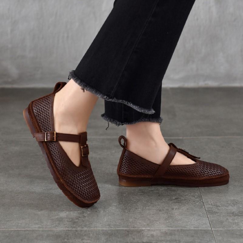 Johnature Retro Genuine Leather Soft Soled Hollow-out Sandals Round Toe Belt Buckle Flat Women's Shoes