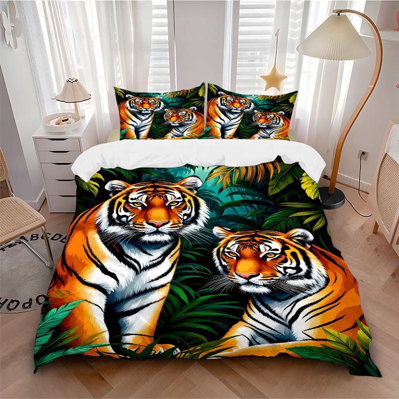 3pcs Tiger Print Bedding Set - 1 Duvet Cover + 2 Pillowcases(Core Not Included), Machine Washable Polyester yy251216190