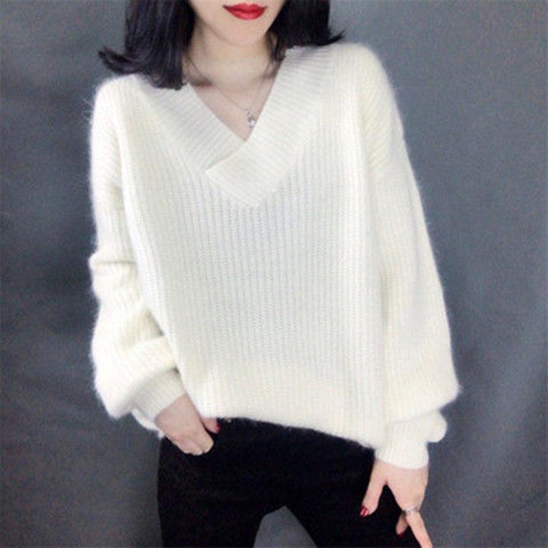 Large Size V-neck Sweater Women  Autumn Winter Loose Fitting Women's Long Sleeve Top Pullover Knitwears Bottoming