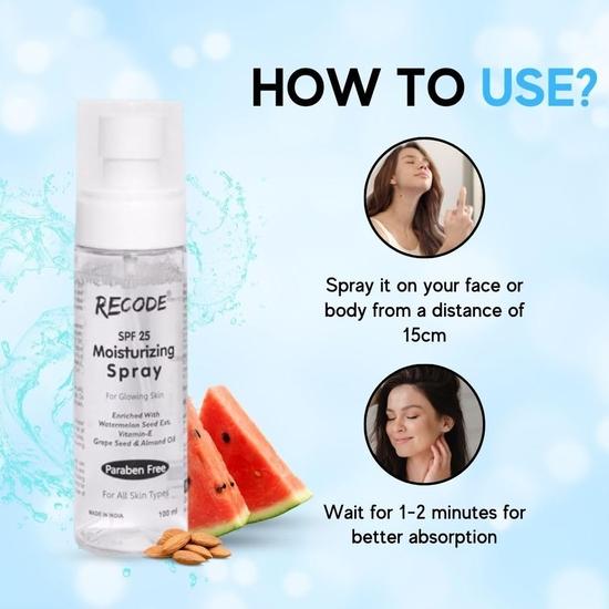 Recode Hydratační sprej 100ml | SPF 25 | Obohacený o vitamín E a mandlový olej | Hydratační sprej pro všechny typy pleti