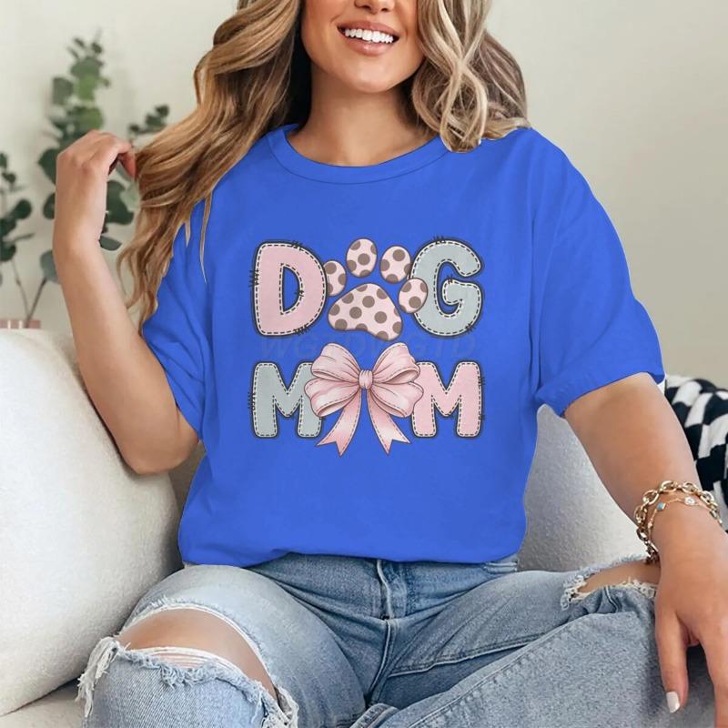 Dog Mom Graphic Crew Neck T-Shirt For Women CasualTee With Short Sleeves Pink Bow Paw Print Design Perfect For Mother's Day