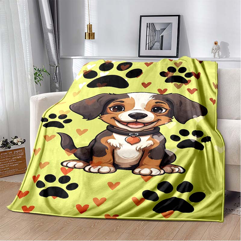 Black White Gold Paw Print & Heart Flannel Blanket, Soft Cozy Warm Throw for Bed Sofa Couch, Lightweight All Season Plush Cover
