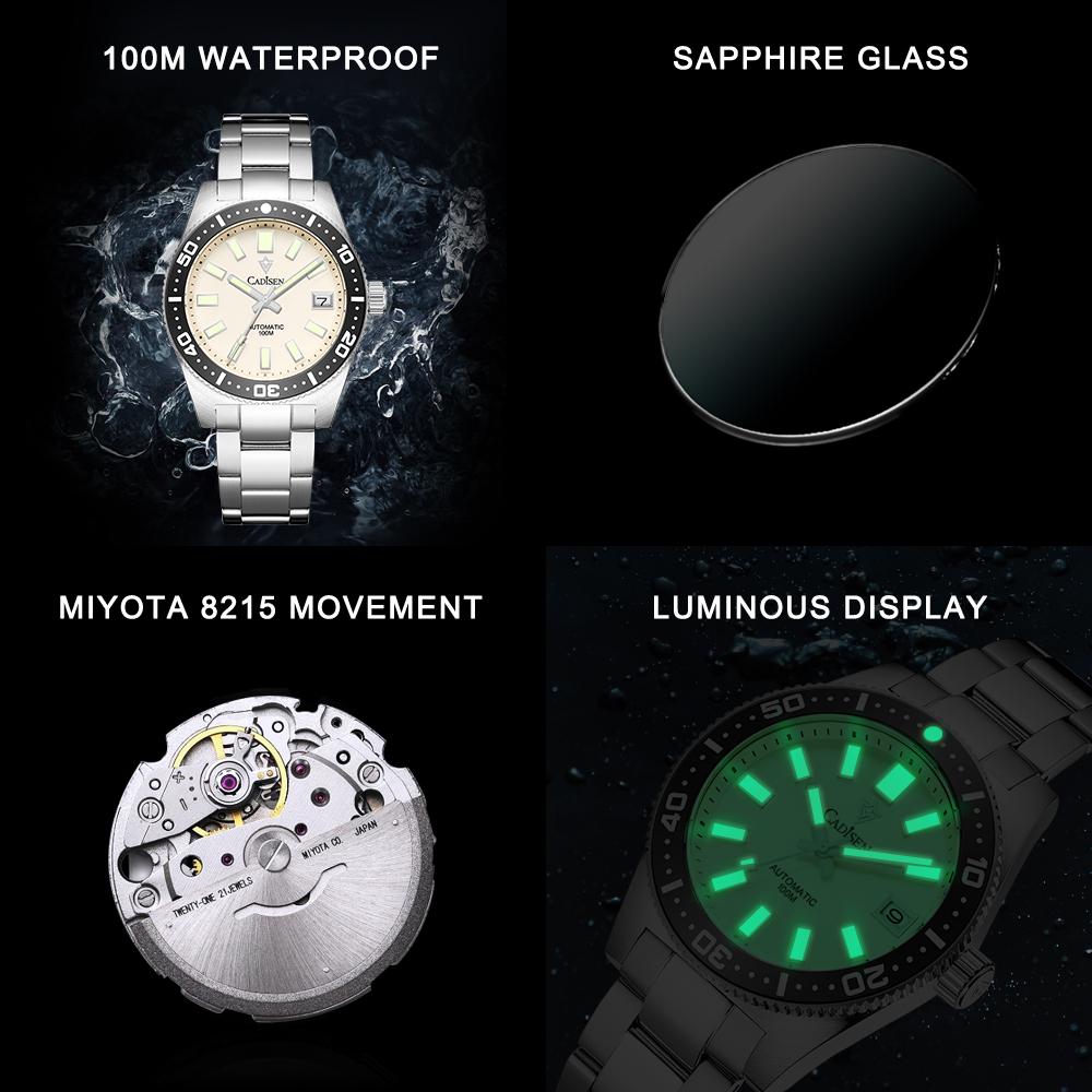 CADISEN New 38mm Diver Mens Watch Japan 8215 Automatic Mechanical Sapphire Glass Date Luminous 100M Waterproof Wrist Watch Men