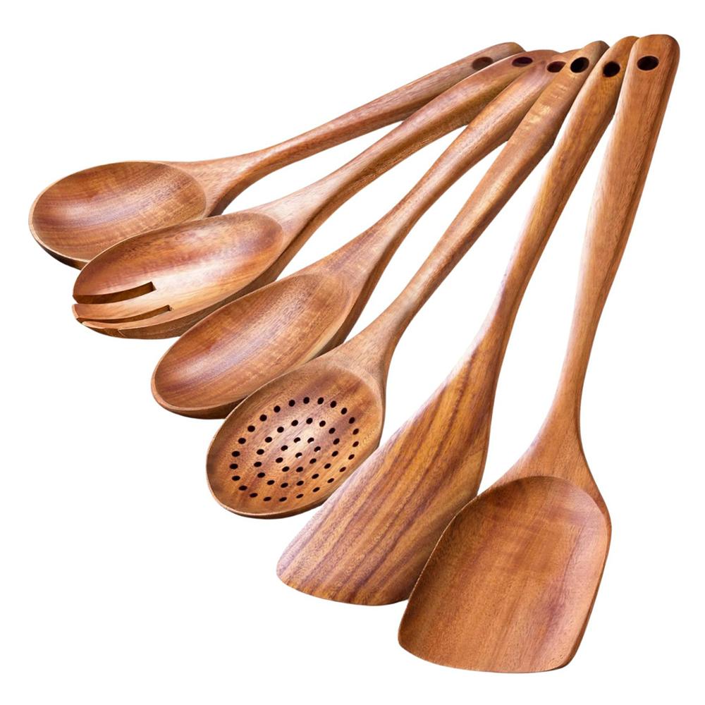 

6Pcs/Set Acacia Wood Kitchen Utensil Soup Spoon Spatula Salad Fork Home Cooking Tools (BPA Free, No FDA) A