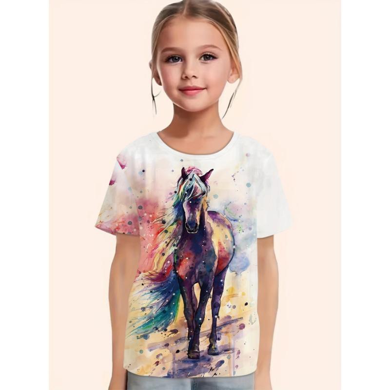 Children's Clothing for Girls, Short Sleeved Girls' T-shirt, Casual Retro Horse Print Children's Summer Clothing for Girls, Roun