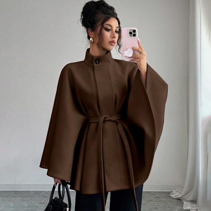 Manteau Cape Élégant pour Femme en Laine Mélangée à Col Montant Ceinture à Nouer Garniture en Fourrure de Lapin Vêtement d'Hiver