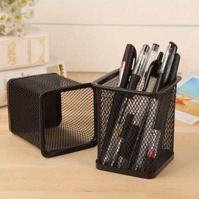 Square Metal Grid Office Desk Pencil Case, Stationery Container Organizer, Durable Pencil Case, Black