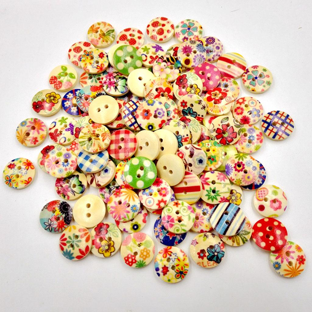 100Pcs -Hole Wood Buttons Mixed Flower for Sewing Embellishments 15mm