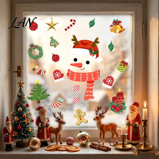 Seasonal Home Decoration Christmas Window Clings, Cartoon Antlers Snowman Wall Stickers, Waterproof PVC Static Cling Decorations Decorative Decals for