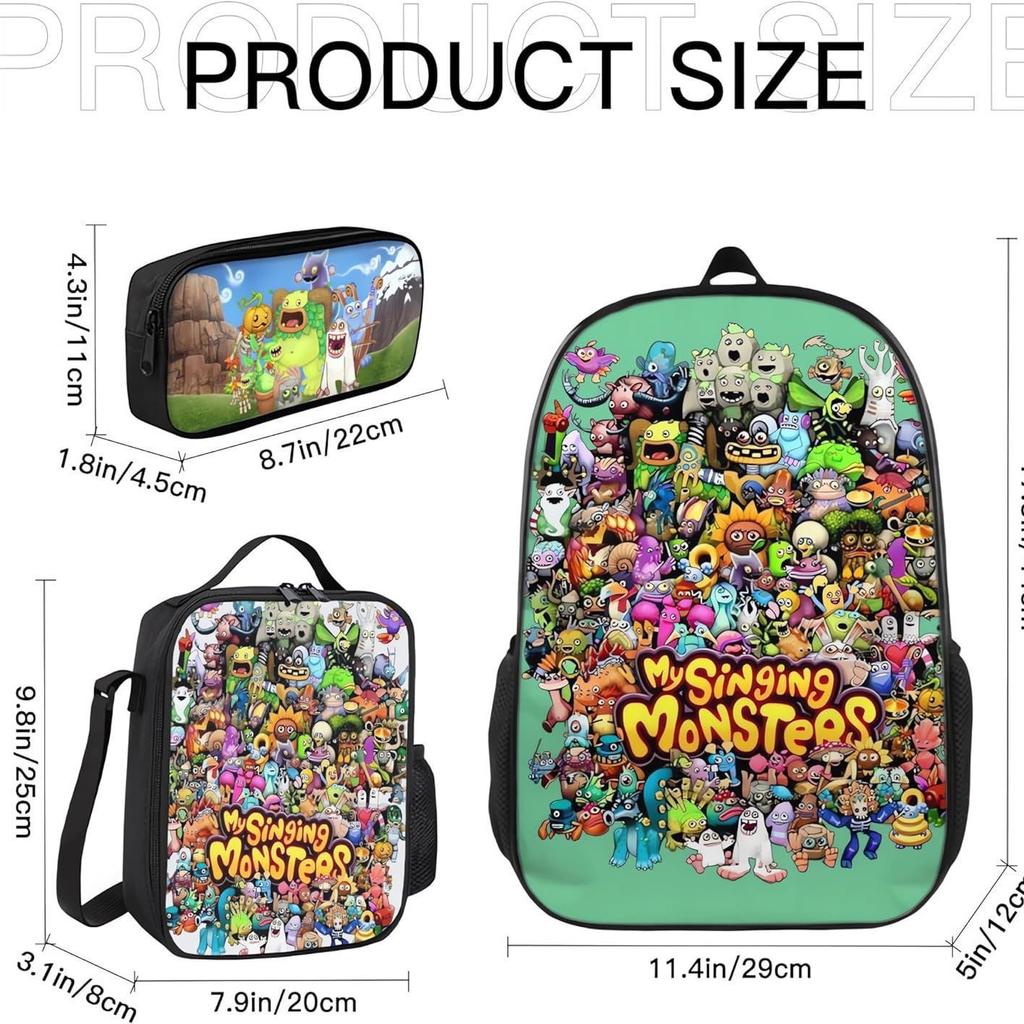 Monster Singer Elementary School Bag Three-Piece Nylon Printed Backpack Breathable Backpack Lightweight