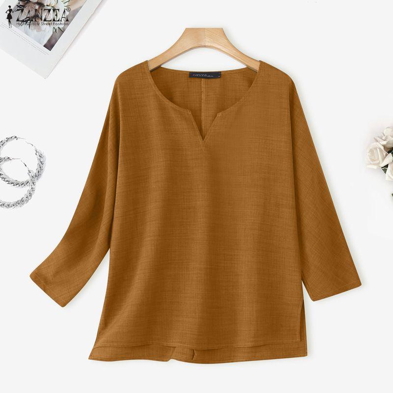 ZANZEA Camicetta casual da donna a maniche lunghe con scollo a V tinta unita