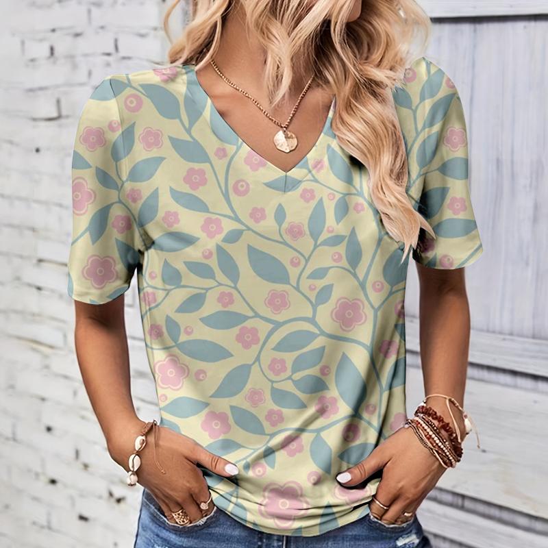 Fashionable summer leaf 3D printed women's V-neck short sleeved shirt