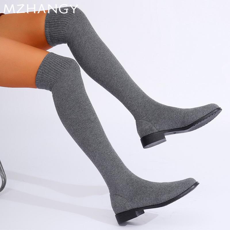 Fashion Women Knitting High Boots Flats Over The Knee Shoes Woman 2025 Trend Winter Fashion Cozy Dress Walking Sock Boots Mujer Botas