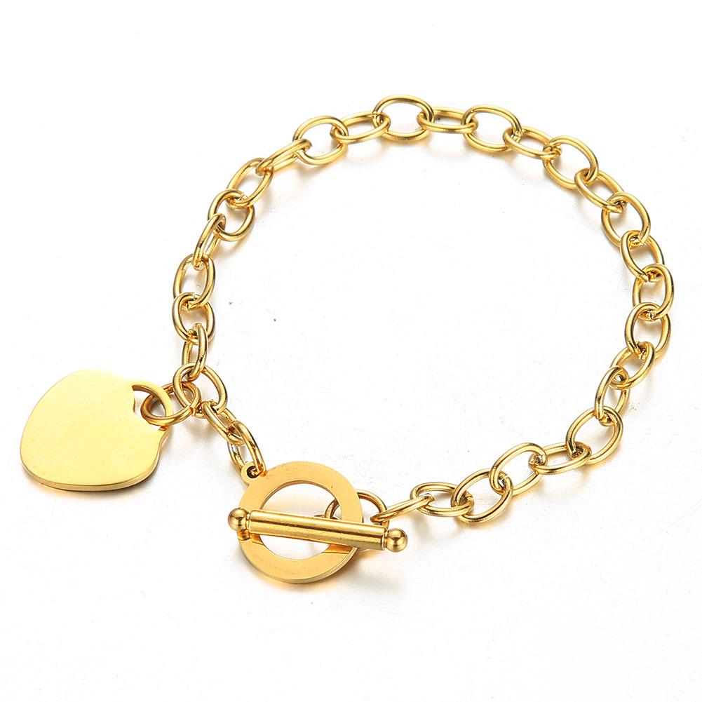 Gold Heart-Shaped Stainless Steel Engraved OT Buckle Bracelet