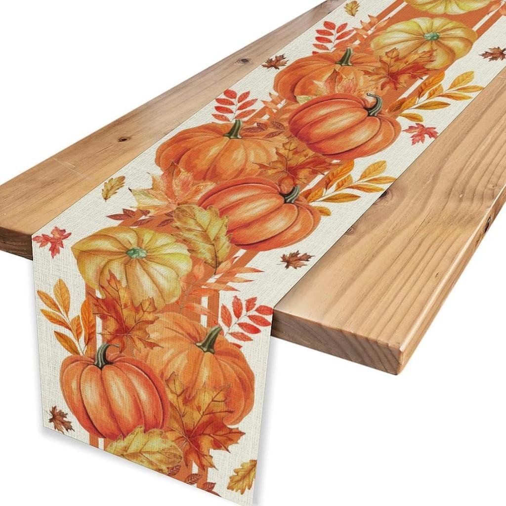 Fall Pumpkin Maple Leaves Linen Table Runner Holiday Party Decor Washable Kitchen Dining Table Runner Autumn Decorations