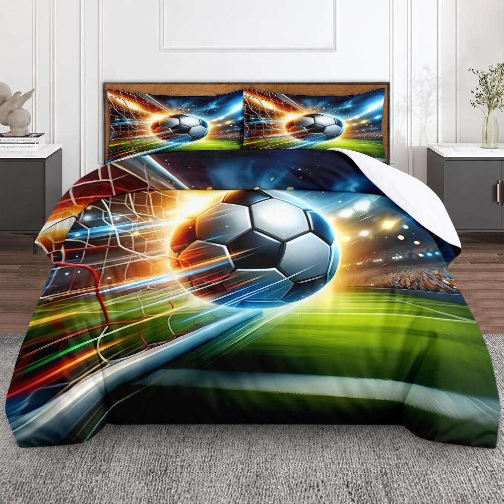 Soccer Ball Goal Net Stadium Night 3 Piece Bedding Set, Match Winning Shot Duvet Cover Set for Boys Football Fan Bedroom