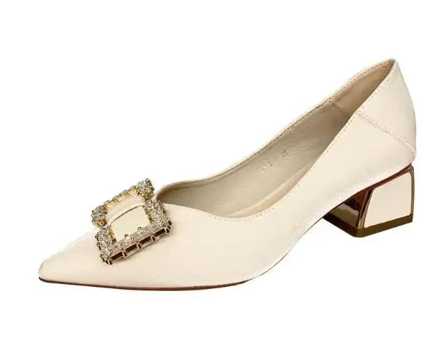 Fashion Women's Spring and Summer New Pointy High Heels Metal Buckle Wine Red Light Mouth Thick Wedding Shoes