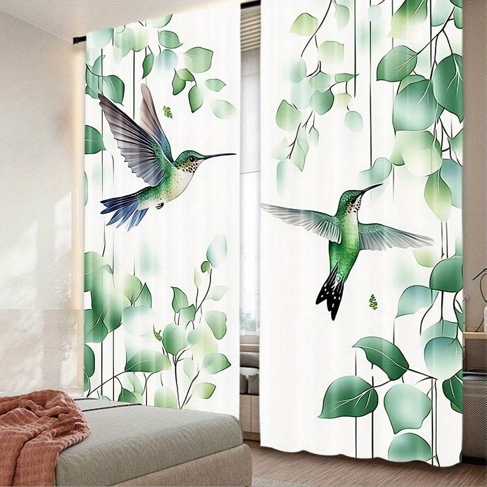 Hummingbird and Flowers Print Light-Filtering Curtain Panels 2 Piece Polyester Rod Pocket  Decorative Curtains for Bedroom