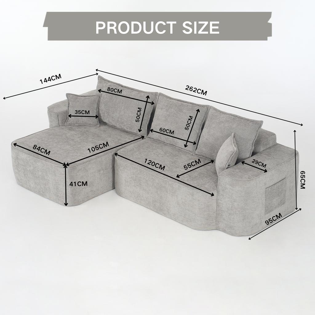 Sofá de Esquina en Forma de L "Cloud Couch", 262 cm con Chaise Longue, Asiento Profundo XXL, Sin Montaje, Sofá Modular en Chenilla Gris para Sala de Estar