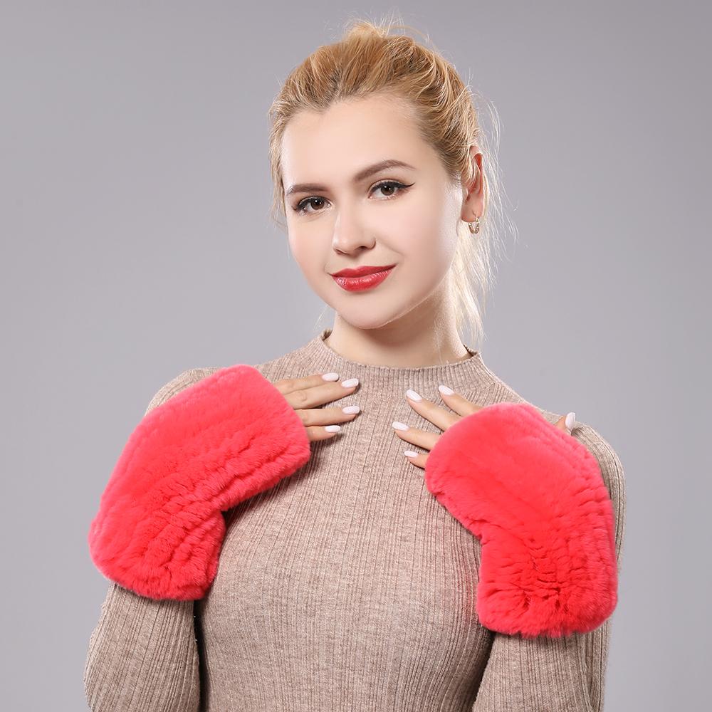 New Women 100% Real Genuine Knitted Rex Rabbit Fur Mittens Winter Warm Lady Real Fur Fingerless Gloves Handmade Knit Fur Mitten
