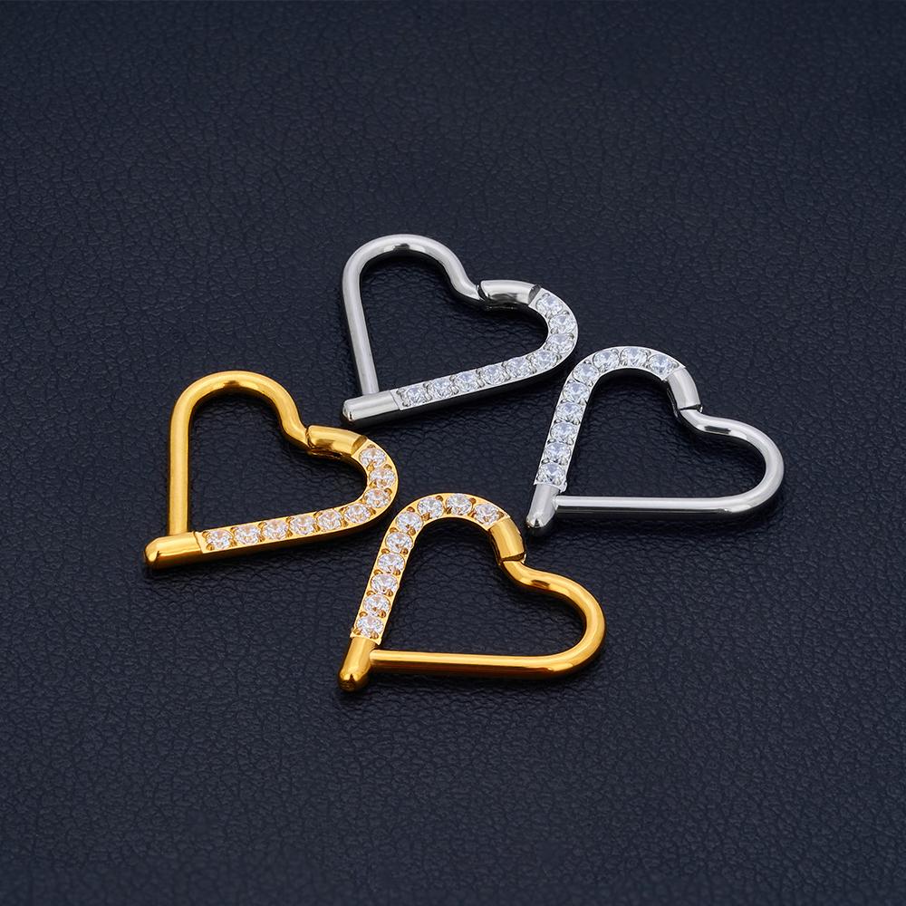 10Pc ASTM F136 Titanium Daith Heart Earring Hoop Cartilage Tragus Helix Rings Hinged Segment Hoop with Clear CZ