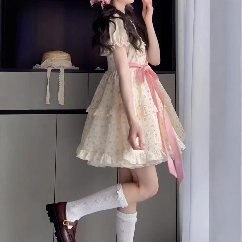 Preppy Style Cute Puff Sleeve Floral Dress, Female Student Summer Petite Waist-cinching Slimming Sweet-breasted Princess Dress