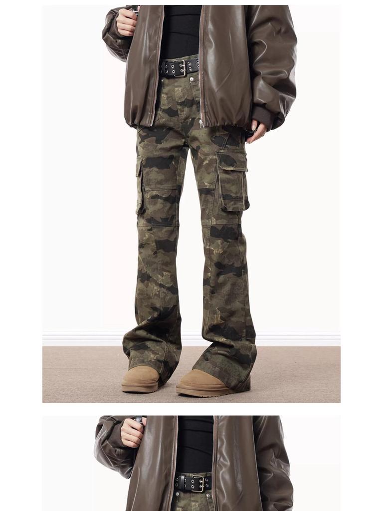 Unisex American Retro Camo Slim Fit Multi-Pocket Jeans with Micro Flare