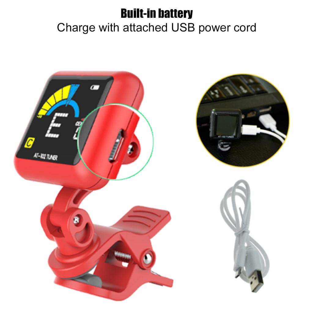   Guitar Clipon Tuner USB Re Able Builtin Battery Violin Ukulele AT102(Red )