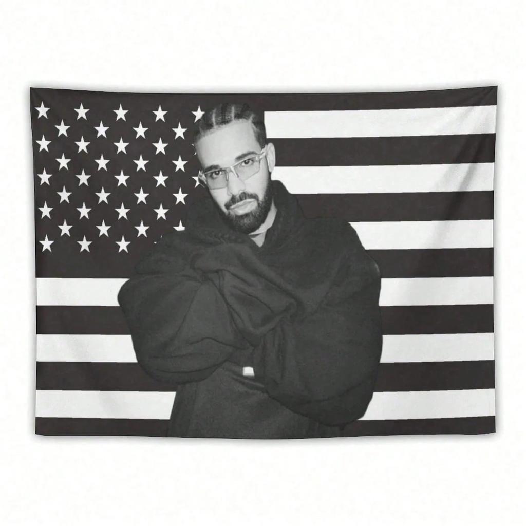 1 Stück Musik Drake Retro Album Schwarz-Weiß Amerikanische Flagge Wandteppich für Wohnzimmer Schlafzimmer Hintergrundtuch Dekorative Hängedeko