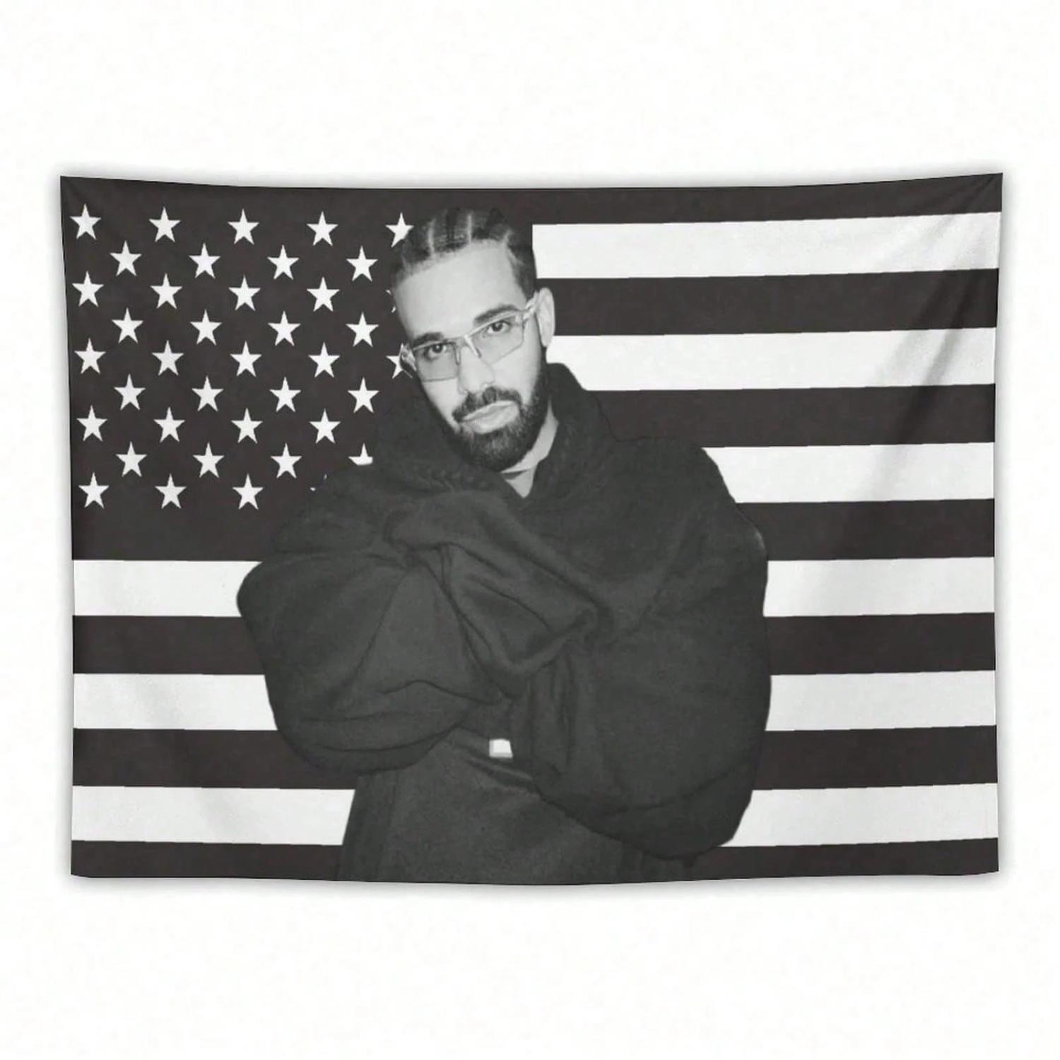1 Stuk Muziek Drake Retro Album Zwart-Wit Amerikaanse Vlag Wandkleed Voor Woonkamer Slaapkamer Achtergronddoek Decoratief Ophangen 90cmX150cm