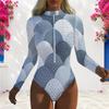 Women Plus Size High Neck Long Sleeve Front Zip Printed One Piece Swimsuit